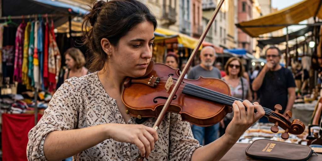moça tocando violino em uma rua